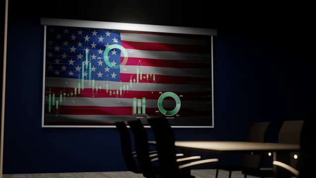 Conference room with United States of America flag and financial chart on screen monitor on the wall. 3D render stock market analysis concept animation.
