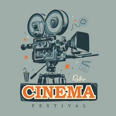 Retro cinema festival cinematography, Old movie camera on tripod poster
