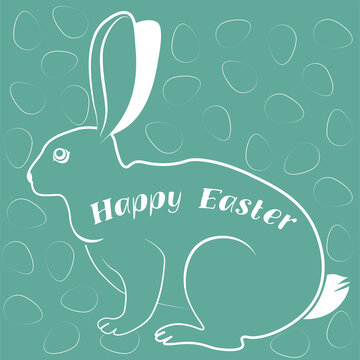 Vector linear illustration "Happy Easter" with rabbit and eggs on mint background; The Holiday card for spring holidays