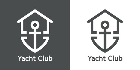 Logotipo con texto Yacht Club con silueta de ancla en casa con líneas en fondo gris y fondo blanco  © teracreonte