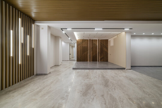 new bright interior in the house. corridor with natural wood light and tiles