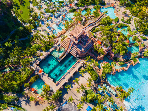Mayan Temple water slide aerial view including Leap of Faith and Challenger Slide at Adventure Park in Atlantis Hotel on Paradise Island, Bahamas.