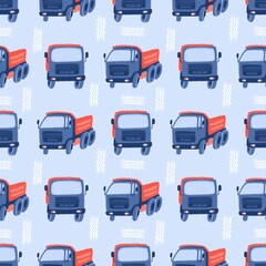 Seamless pattern with blue trucks in different directions