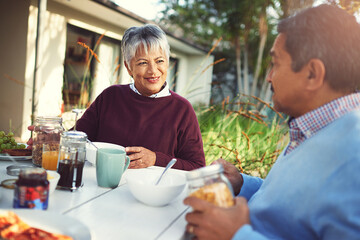 Retirement - Breakfasts just got better. Shot of a happy older couple enjoying a leisurely...