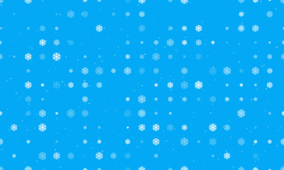 Naklejka na ściany i meble Seamless background pattern of evenly spaced white snowflake symbols of different sizes and opacity. Vector illustration on light blue background with stars
