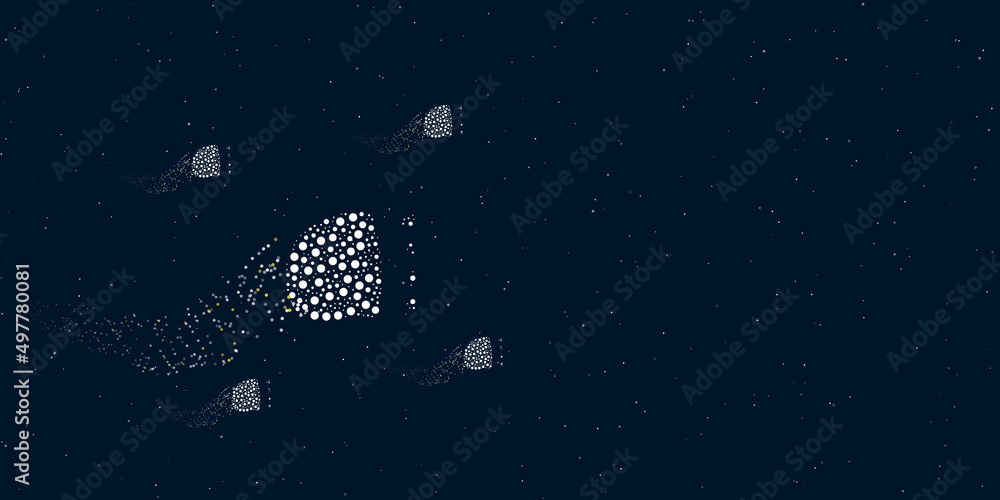 Poster A headlight symbol filled with dots flies through the stars leaving a trail behind. Four small symbols around. Empty space for text on the right. Vector illustration on dark blue background with stars