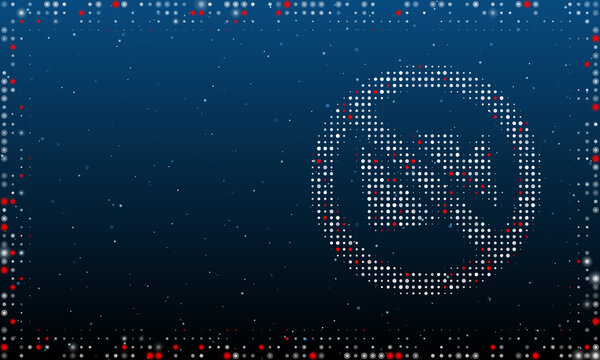 On the right is the no video symbol filled with white dots. Pointillism style. Abstract futuristic frame of dots and circles. Some dots is red. Vector illustration on blue background with stars