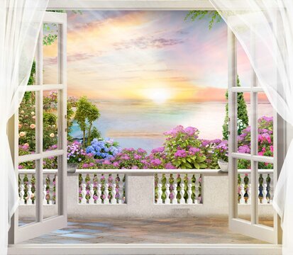 Beautiful view from the window to the sea and the blooming garden. Digital mural
