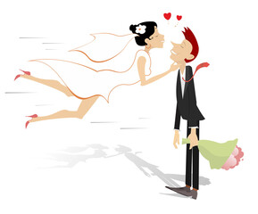 Married wedding couple illustration. 
Heart symbols. Pretty woman in the white dress and wedding veil in love rushes to kiss a bridegroom with bunch of flowers at his hand isolated on white background