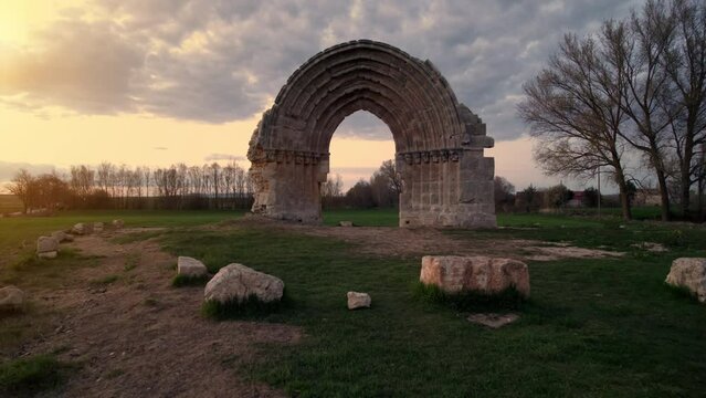 Drone Flying Through a medieval Arch to Reveal a Scenic meadow landscape at dusk in Sasamon, Castile and Leon, Spain. High quality 4k footage