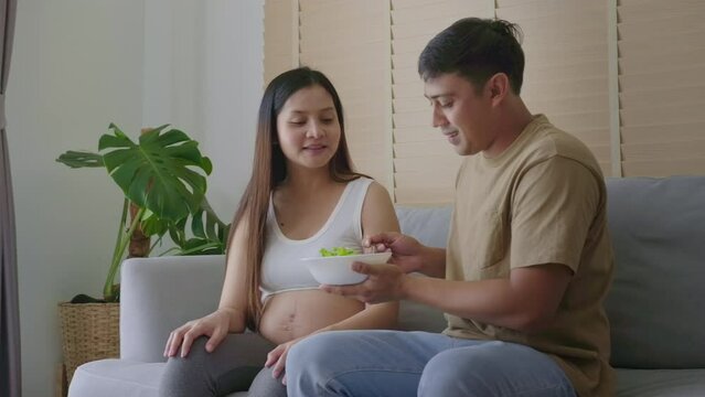 Young pregnant woman having salad at home, healthcare and pregnancy care