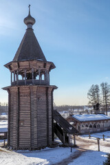 wooden bell tower in the ethno-estate Bogoslovka in the Leningrad region