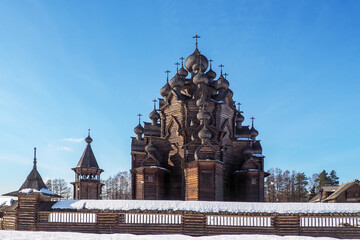 museum complex of Russian wooden architecture in the open air - church, chapel and bell tower in the ethno estate Bogoslovka near St. Petersburg