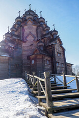 the staircase leading to the temple made in the style of Russian wooden architecture
