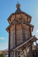 wooden bell tower in the ethno-estate Bogoslovka in the Leningrad region