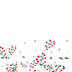 Green Berries Background White Vector. Leaves Nature Frame. Pink Herb Isolated. Drawn Card. Leaf Image.