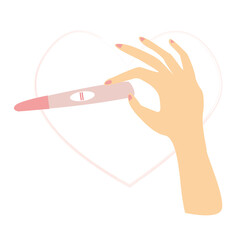 A beautiful female hand is waiting for a pregnancy test with a positive result in the form of two lines. Child planning, motherhood and healthcare concept. Flat cartoon illustration.