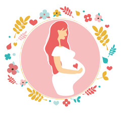 Happy pregnant woman holding her belly. Health, care, pregnancy planning. prenatal development. Flat cartoon isolated.