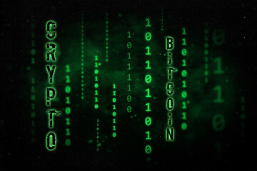 Digital binary data and streaming binary code background. Crypto currency bitcoin concept illustration. Matrix background with digits 1 and 0.