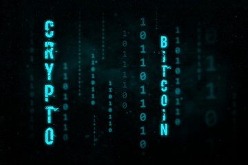 Digital binary data and streaming binary code background. Crypto currency bitcoin concept illustration. Matrix background with digits 1 and 0.