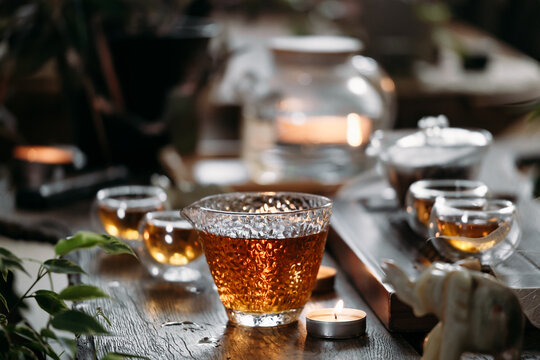 Beautiful Chinese Tea In Teacup With Candle Flame Decoration