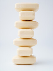Close-up of toilet soap. Vertical stack. Without perfumes. Without dyes. Hypoallergenic