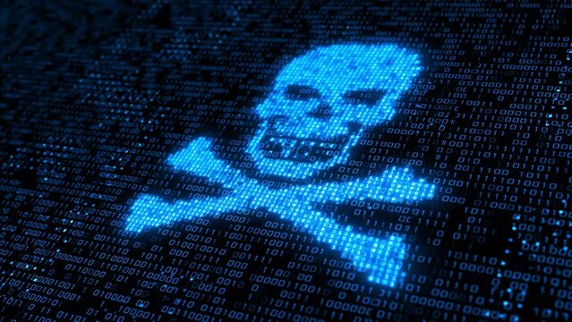 Cyber attack Blue alert with skull symbol on computer screen. System Hacked warning concept. Cyber attack, danger. breach security system, cybercrime, piracy, digital safety identity theft.