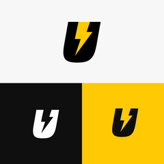 Set of abstract U letter and lightning, thunderbolt, energy logo template with multiple background, vector illustration
