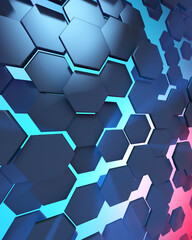 Abstract technological hexagonal background. Ambiental lighting. Blue teal red lights. 3d rendering