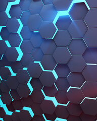 Abstract technological hexagonal background. Ambiental lighting. Blue teal red lights. 3d rendering