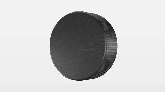 4 in 1 pack. Realistic looping 3D animation of the classic black ice hockey puck flies into the camera. Rendered in UHD with alpha matte.