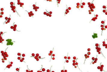 Redcurrants berries on white background with space for text. Top view, flat lay
