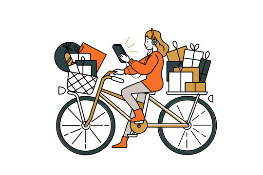 Girl riding a bicycle carrying gifts