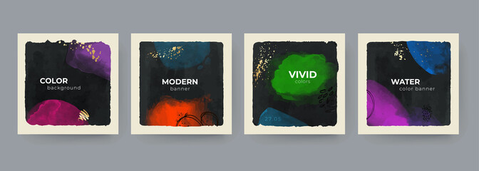 Set of Abstract Hand Painted Illustrations for Wall Decoration, Postcard, Social Media Banner, Brochure Cover Design Background. Modern Abstract Painting Banner in bright colors. Vector Art