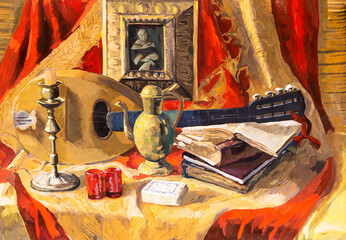 still life with mandolin, old books, painting, candlestick and jug on red curtain with yellow pattern, hand-painted in tempera on paper