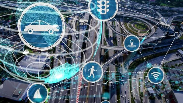 Smart transport technology concept for future car traffic on newish city road . Virtual intelligent system makes digital information analysis to connect data of vehicle on city street .