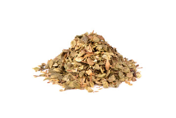 Dry oregano spice isolated on white background. Dry crushed oregano leaves.