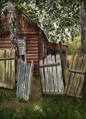 An old log rustic house with a dilapidated fence. Watercolor landscape with rural architecture.