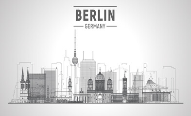 Berlin line skyline on a white background. Flat vector illustration. Business travel and tourism concept with modern buildings. Image for banner or web site. - obrazy, fototapety, plakaty