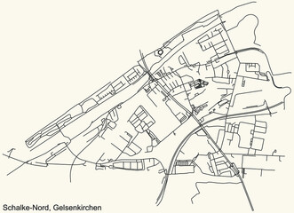 Detailed navigation black lines urban street roads map of the SCHALKE-NORD DISTRICT of the German regional capital city of Gelsenkirchen, Germany on vintage beige background