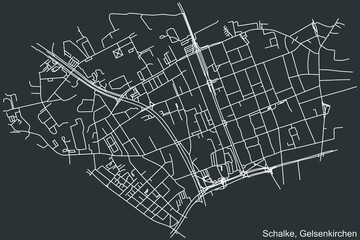 Detailed negative navigation white lines urban street roads map of the SCHALKE DISTRICT of the German regional capital city of Gelsenkirchen, Germany on dark gray background