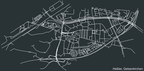 Detailed negative navigation white lines urban street roads map of the HEßLER DISTRICT of the German regional capital city of Gelsenkirchen, Germany on dark gray background