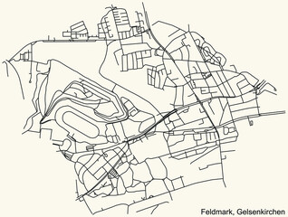 Detailed navigation black lines urban street roads map of the FELDMARK DISTRICT of the German regional capital city of Gelsenkirchen, Germany on vintage beige background
