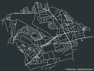 Detailed negative navigation white lines urban street roads map of the FELDMARK DISTRICT of the German regional capital city of Gelsenkirchen, Germany on dark gray background