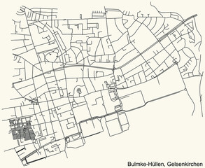 Detailed navigation black lines urban street roads map of the BULMKE-HÜLLEN DISTRICT of the German regional capital city of Gelsenkirchen, Germany on vintage beige background