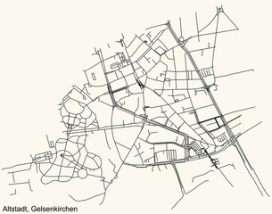 Detailed navigation black lines urban street roads map of the ALTSTADT DISTRICT of the German regional capital city of Gelsenkirchen, Germany on vintage beige background