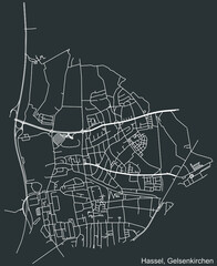 Detailed negative navigation white lines urban street roads map of the HASSEL DISTRICT of the German regional capital city of Gelsenkirchen, Germany on dark gray background