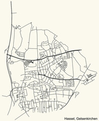 Detailed navigation black lines urban street roads map of the HASSEL DISTRICT of the German regional capital city of Gelsenkirchen, Germany on vintage beige background