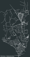 Detailed negative navigation white lines urban street roads map of the SCHOLVEN DISTRICT of the German regional capital city of Gelsenkirchen, Germany on dark gray background