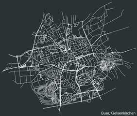 Detailed negative navigation white lines urban street roads map of the BUER DISTRICT of the German regional capital city of Gelsenkirchen, Germany on dark gray background